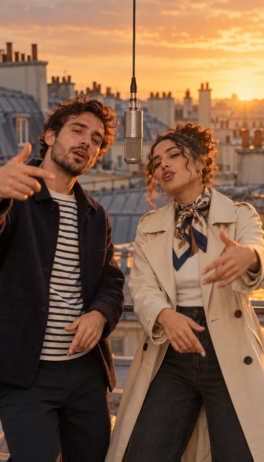 Illustration de deux adultes dans un décor de clip de rap