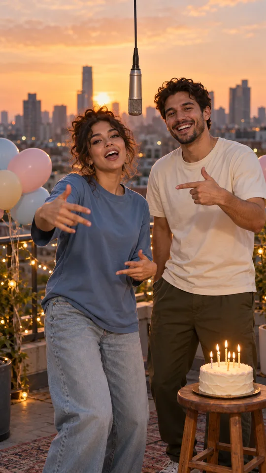 AI-illustrated adult duo performing on a rooftop beside balloons and a birthday cake with lit candles