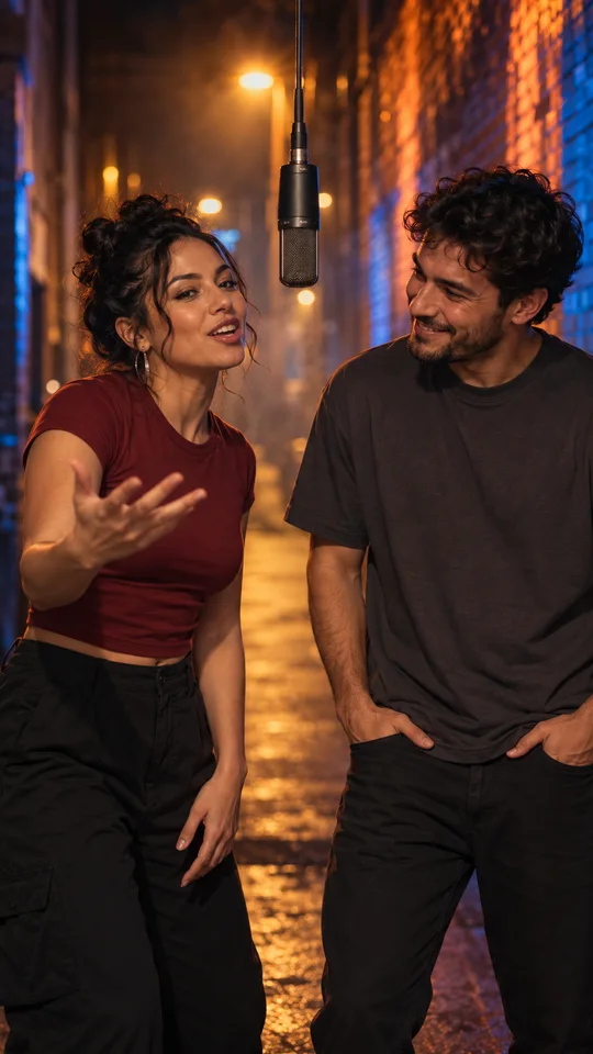 AI-illustrated adult friends trading gestures beneath a hanging microphone in a lit brick alley